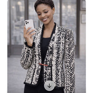 Joseph Ribkoff Jacket Blazer Fringe Accents Women Sz 10 Black White Stretch NWOT